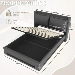 Lit 160x200 cm tapissé lin gris avec tête de lit étagère, éclairage LED intégré et rangement hydraulique><noscript><img width=