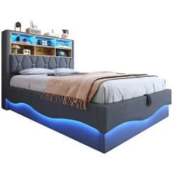 Redom Lit 140x200 cm tapissé lin gris avec rangement hydraulique, bande LED pilotable via application et port USB* Lit Avec Rangement