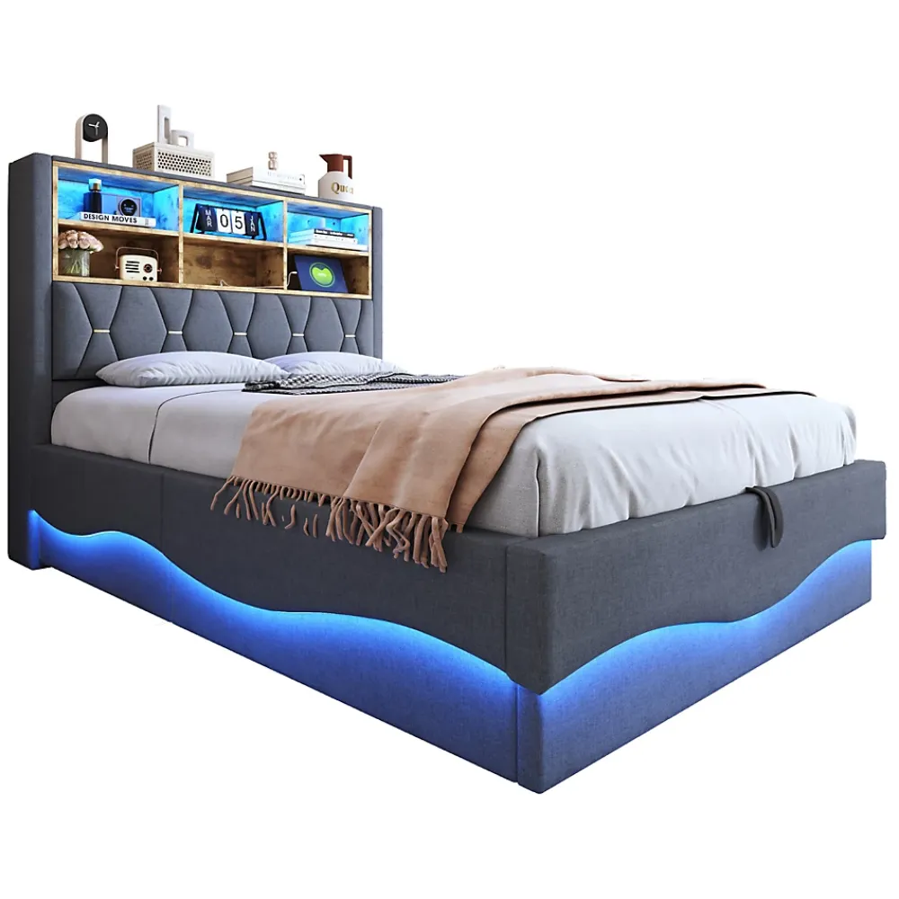Redom Lit 140x200 cm tapissé lin gris avec rangement hydraulique, bande LED pilotable via application et port USB* Lit Avec Rangement