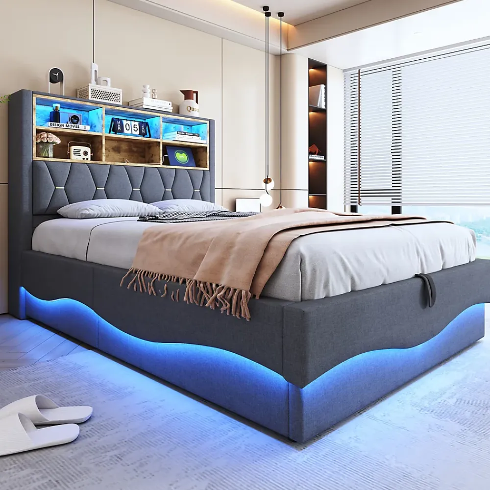 Redom Lit 140x200 cm tapissé lin gris avec rangement hydraulique, bande LED pilotable via application et port USB* Lit Avec Rangement