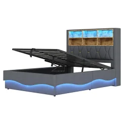 Redom Lit 140x200 cm tapissé lin gris avec rangement hydraulique, bande LED pilotable via application et port USB* Lit Avec Rangement