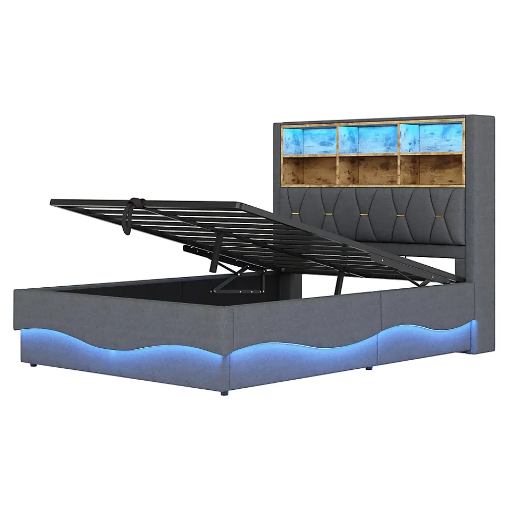 Redom Lit 140x200 cm tapissé lin gris avec rangement hydraulique, bande LED pilotable via application et port USB* Lit Avec Rangement