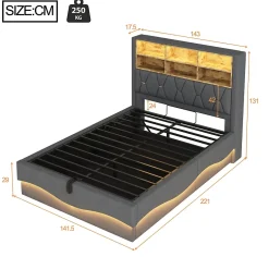 Redom Lit 140x200 cm tapissé lin gris avec rangement hydraulique, bande LED pilotable via application et port USB* Lit Avec Rangement