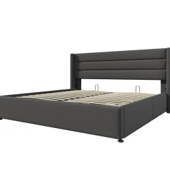 Lit 160x200 cm tapissé lin gris avec rangement hydraulique, tête de lit 3 panneaux rembourrée, cadre renforcé><noscript><img width=