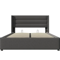 Lit 160x200 cm tapissé lin gris avec rangement hydraulique, tête de lit 3 panneaux rembourrée, cadre renforcé><noscript><img width=