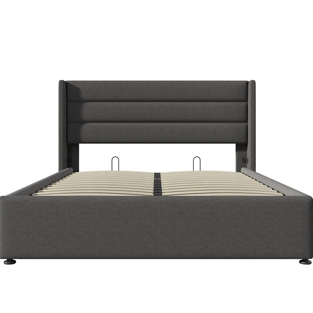 Lit 160x200 cm tapissé lin gris avec rangement hydraulique, tête de lit 3 panneaux rembourrée, cadre renforcé>Redom Discount