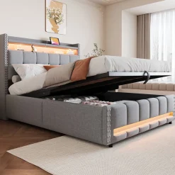 Lit 140x200 cm tapissé lin gris clair avec rangement hydraulique et éclairage LED multicolore>Redom Discount
