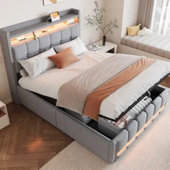 Lit 140x200 cm tapissé lin gris clair avec rangement hydraulique et éclairage LED multicolore><noscript><img width=