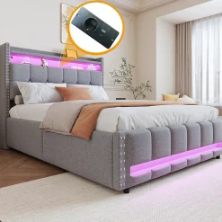 Lit 140x200 cm tapissé lin gris clair avec rangement hydraulique et éclairage LED multicolore><noscript><img width=