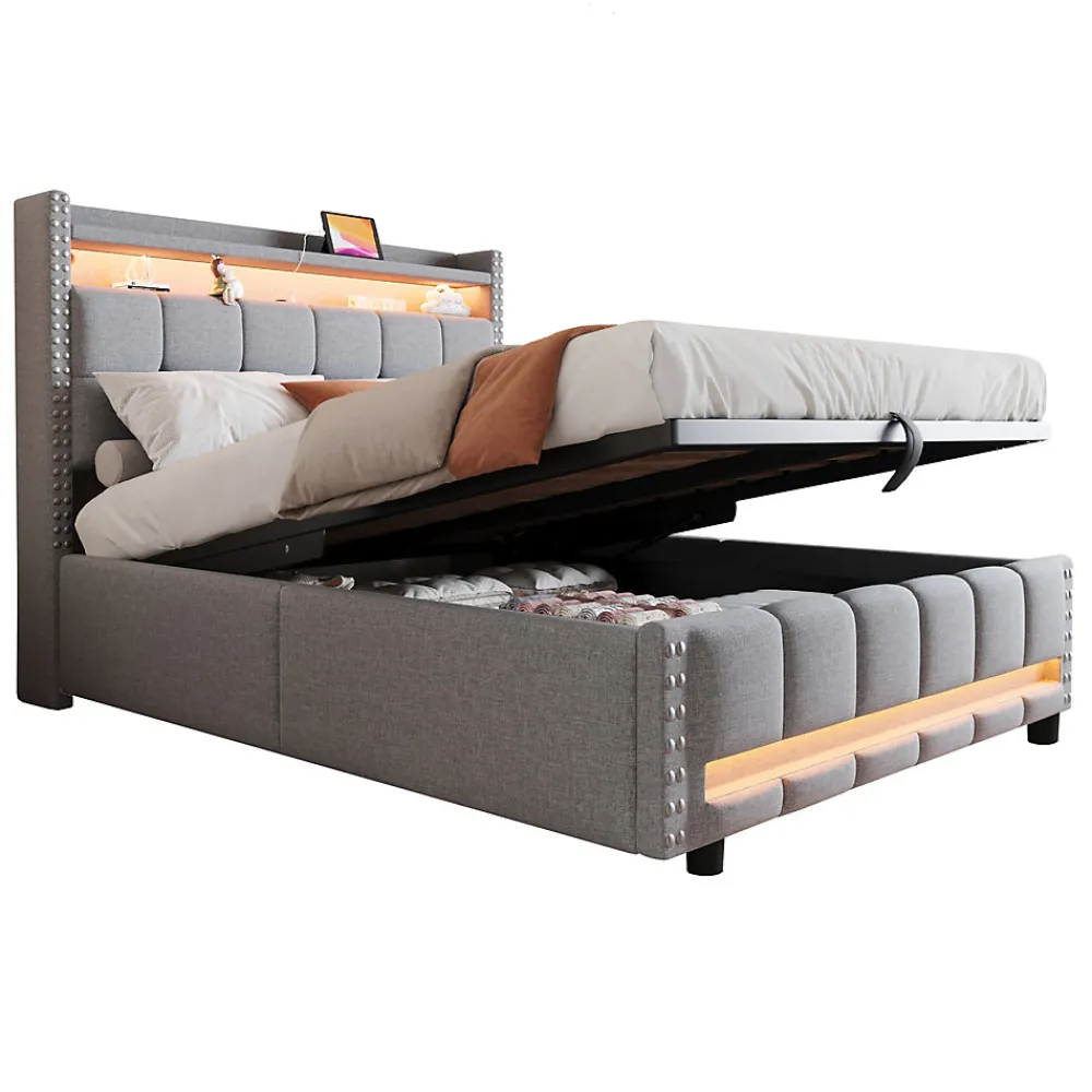 Lit 140x200 cm tapissé lin gris clair avec rangement hydraulique et éclairage LED multicolore>Redom Discount