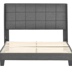 Redom Lit 140x200 cm tapissé lin gris avec tête de lit rembourrée haute et matelas à ressorts 140x200 cm inclus* Lit Double