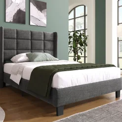 Redom Lit 90x200 cm tapissé lin gris avec tête de lit haute et pieds noirs, design moderne élégant* Lit Double