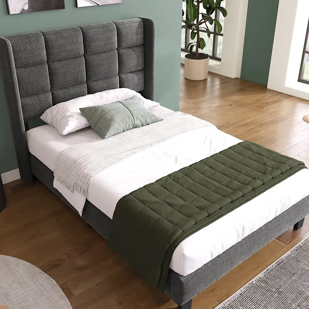 Redom Lit 90x200 cm tapissé lin gris avec tête de lit haute et pieds noirs, design moderne élégant* Lit Double