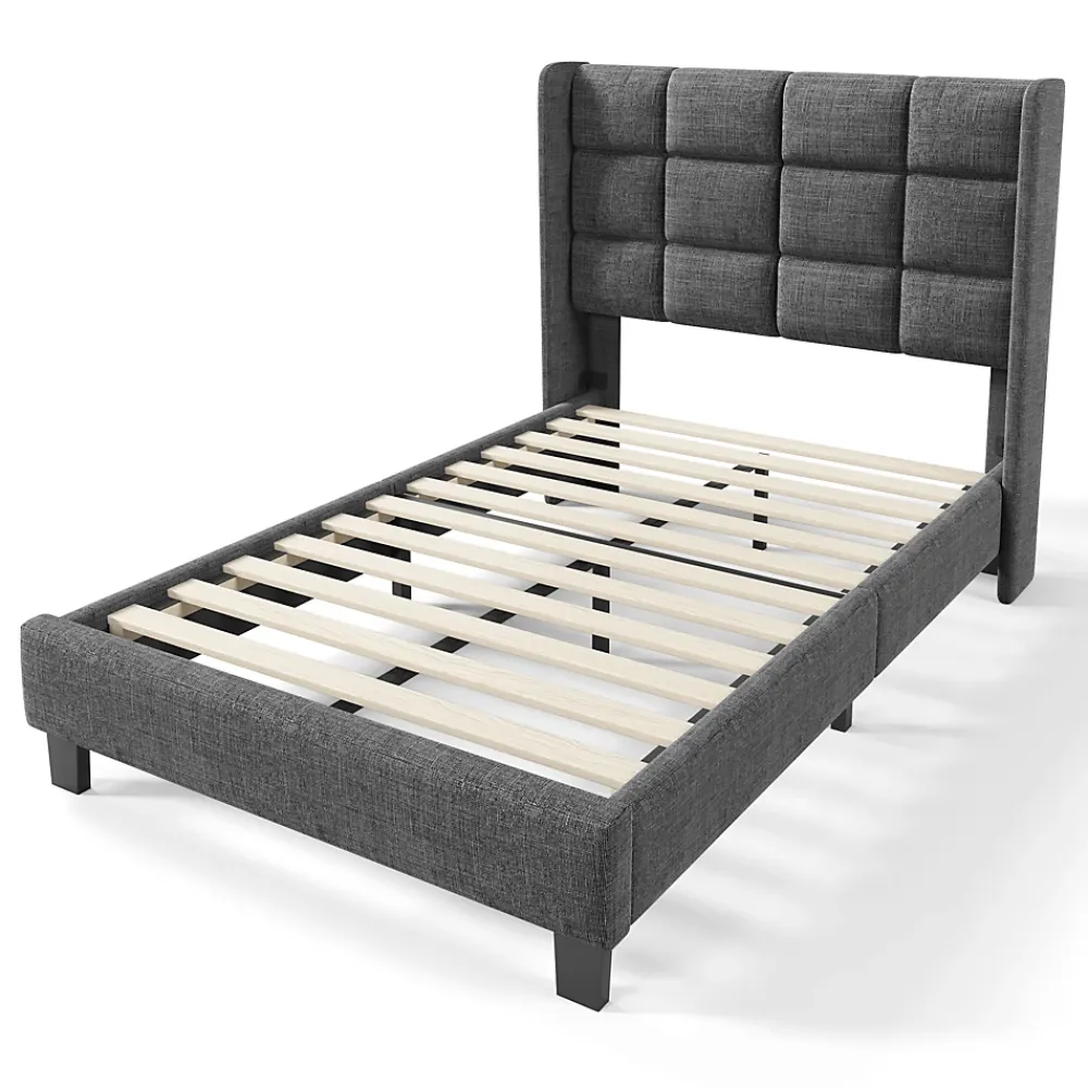 Redom Lit 90x200 cm tapissé lin gris avec tête de lit haute et pieds noirs, design moderne élégant* Lit Double
