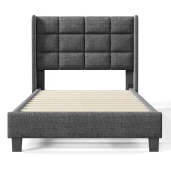 Redom Lit 90x200 cm tapissé lin gris avec tête de lit haute et pieds noirs, design moderne élégant* Lit Double