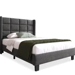 Redom Lit 90x200 cm tapissé lin gris avec tête de lit haute et pieds noirs, design moderne élégant* Lit Double