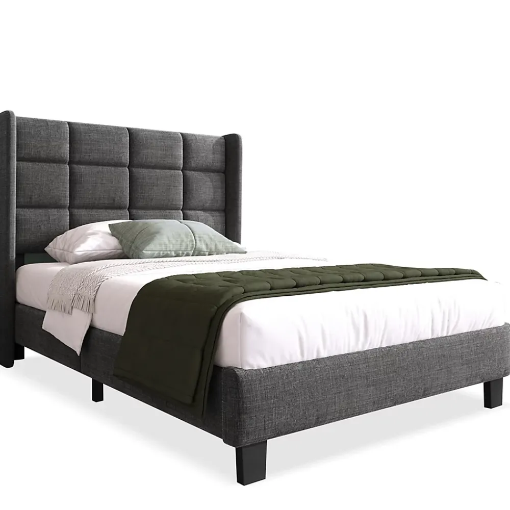 Redom Lit 90x200 cm tapissé lin gris avec tête de lit haute et pieds noirs, design moderne élégant* Lit Double
