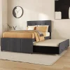 Lit 90x200 cm tapissé lin gris avec lit gigogne et trois tiroirs, cadre bois robuste et tête de lit réglable>Redom Discount