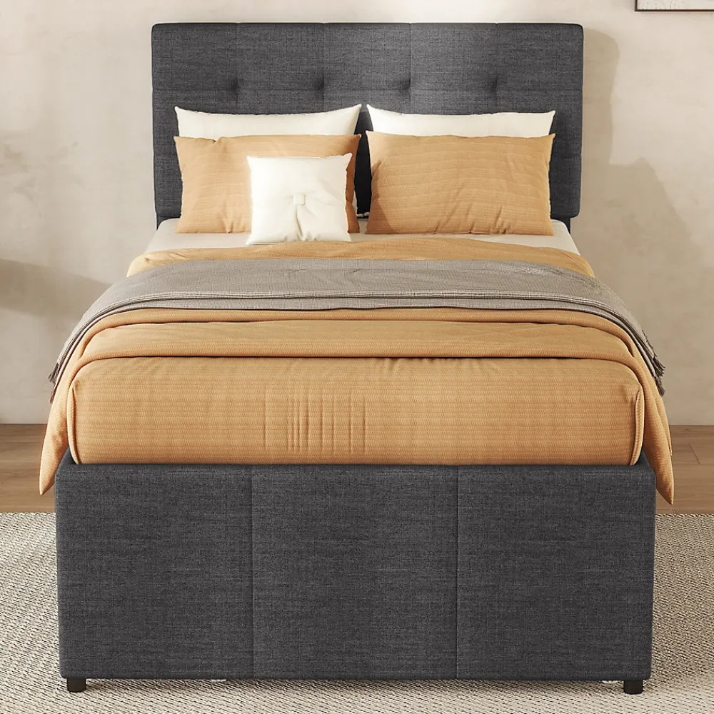 Lit 90x200 cm tapissé lin gris avec lit gigogne et trois tiroirs, cadre bois robuste et tête de lit réglable>Redom Discount