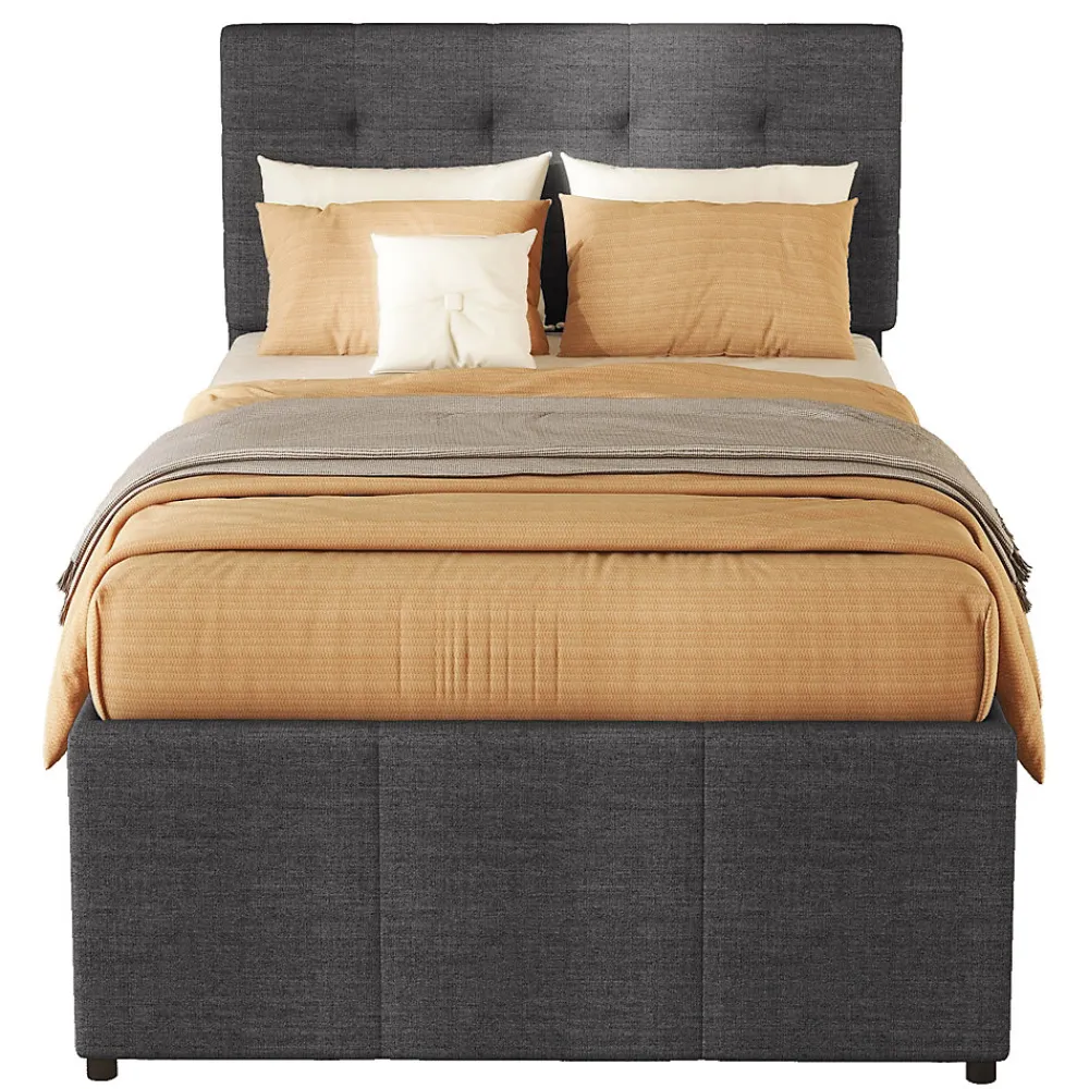 Lit 90x200 cm tapissé lin gris avec lit gigogne et trois tiroirs, cadre bois robuste et tête de lit réglable>Redom Discount