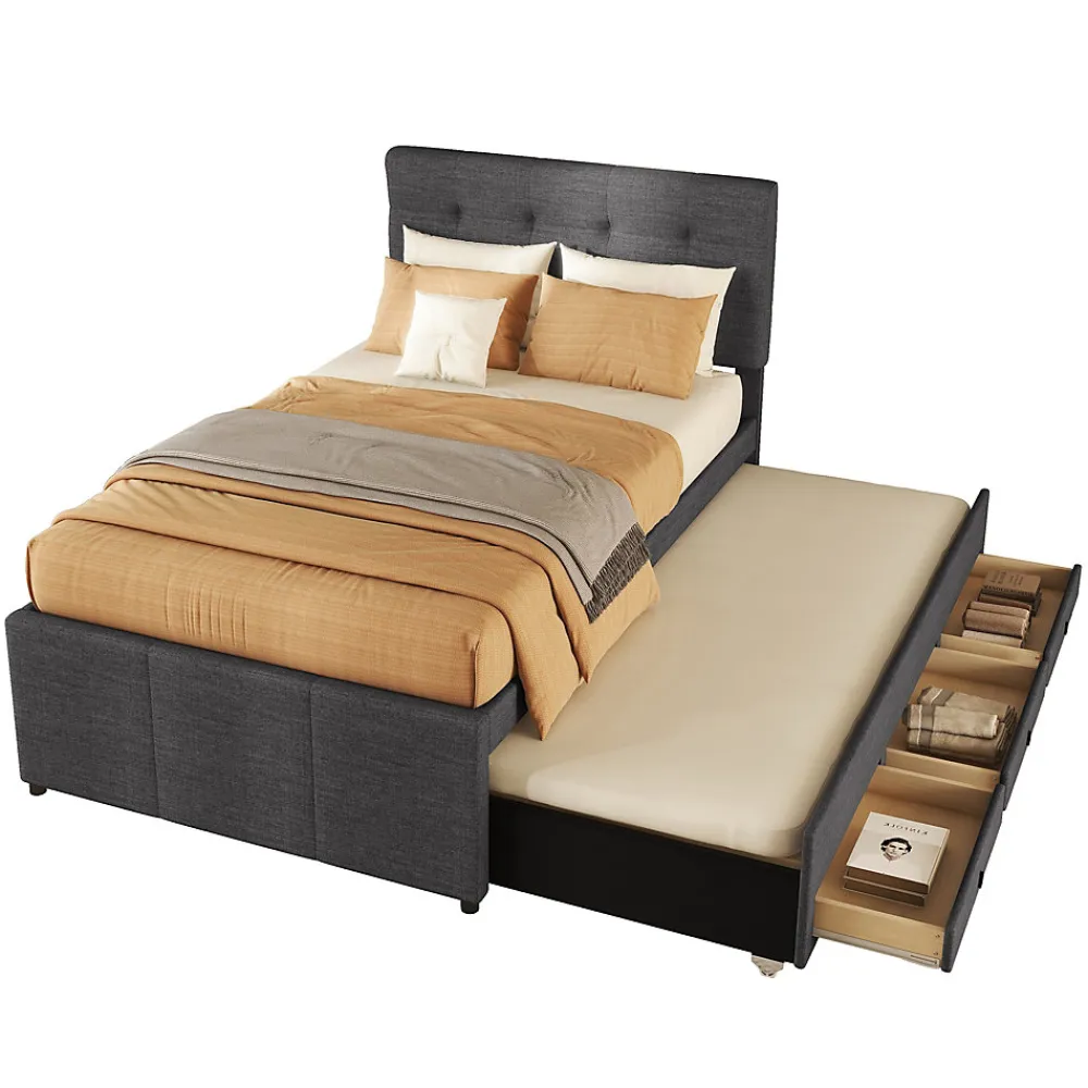 Lit 90x200 cm tapissé lin gris avec lit gigogne et trois tiroirs, cadre bois robuste et tête de lit réglable>Redom Discount