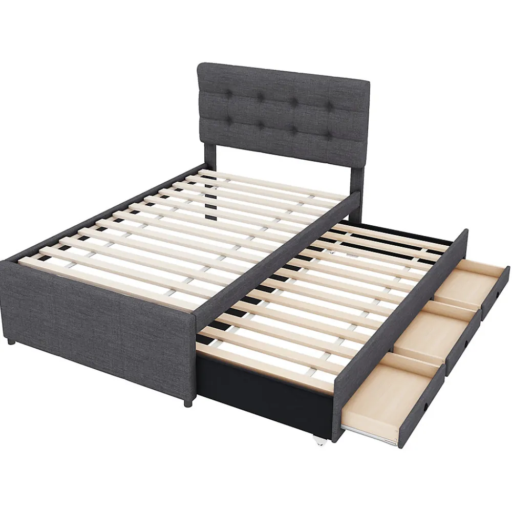 Lit 90x200 cm tapissé lin gris avec lit gigogne et trois tiroirs, cadre bois robuste et tête de lit réglable>Redom Discount