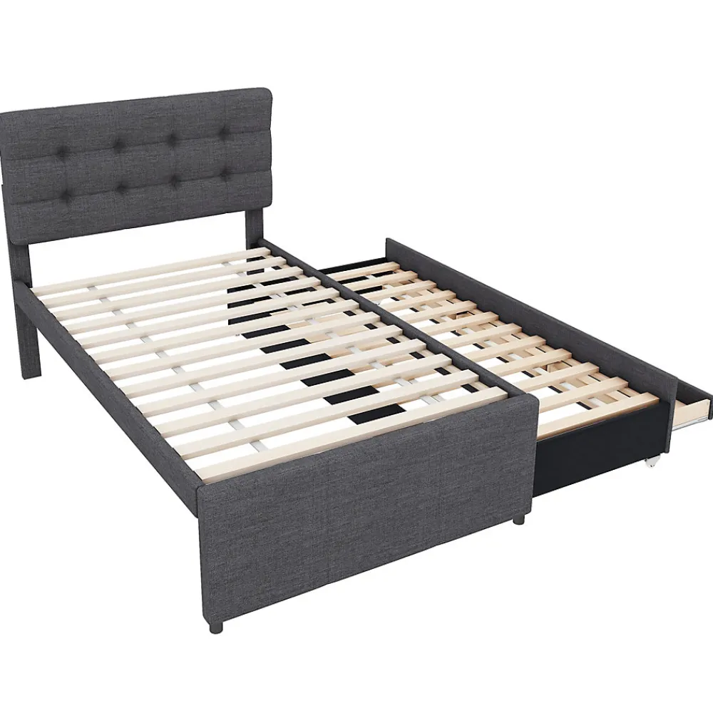 Lit 90x200 cm tapissé lin gris avec lit gigogne et trois tiroirs, cadre bois robuste et tête de lit réglable>Redom Discount