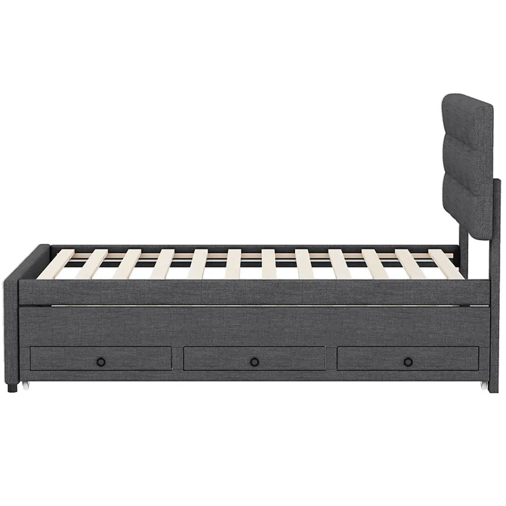 Lit 90x200 cm tapissé lin gris avec lit gigogne et trois tiroirs, cadre bois robuste et tête de lit réglable>Redom Discount