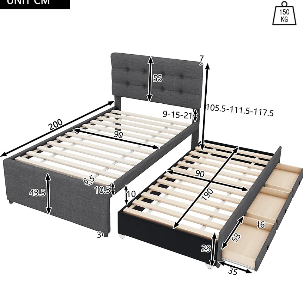 Lit 90x200 cm tapissé lin gris avec lit gigogne et trois tiroirs, cadre bois robuste et tête de lit réglable>Redom Discount