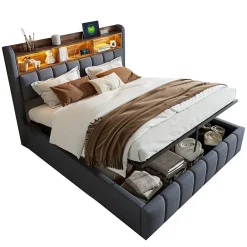 Lit 180x200 cm tapissé lin gris avec tête de lit LED multicolore, rangement hydraulique et prises USB><noscript><img width=