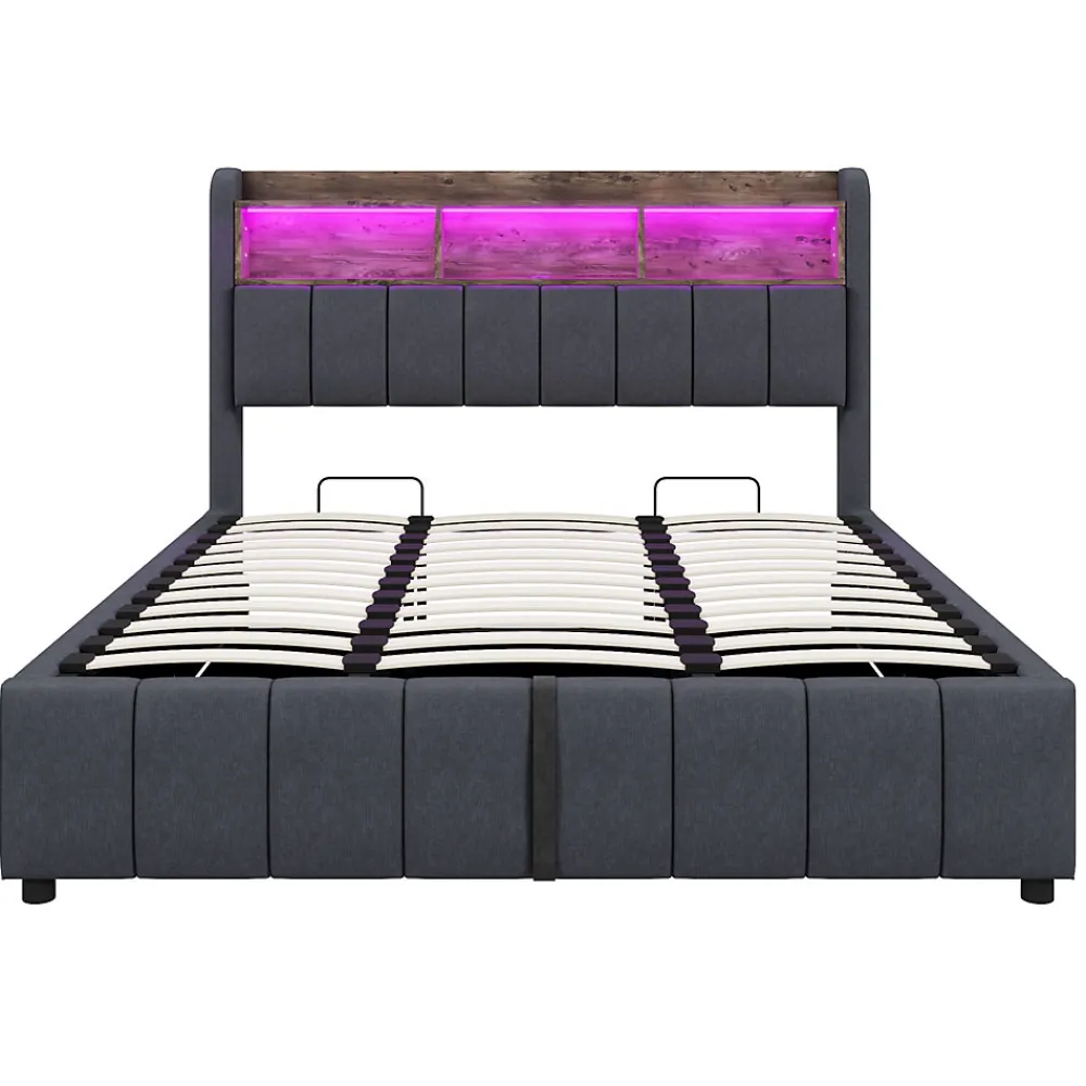 Lit 180x200 cm tapissé lin gris avec tête de lit LED multicolore, rangement hydraulique et prises USB>Redom Best