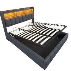 Lit 180x200 cm tapissé lin gris avec tête de lit LED multicolore, rangement hydraulique et prises USB><noscript><img width=