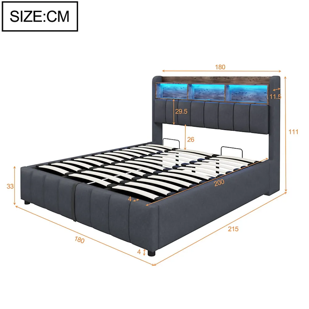 Lit 180x200 cm tapissé lin gris avec tête de lit LED multicolore, rangement hydraulique et prises USB>Redom Best