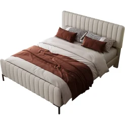 Lit 140x200 cm tapissé lin gris-beige avec sommier à lattes et tête de lit réglable>Redom Hot