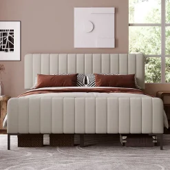 Lit 140x200 cm tapissé lin gris-beige avec sommier à lattes et tête de lit réglable><noscript><img width=