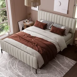 Lit 140x200 cm tapissé lin gris-beige avec sommier à lattes et tête de lit réglable><noscript><img width=