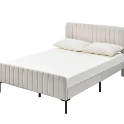 Lit 140x200 cm tapissé lin gris-beige avec sommier à lattes et tête de lit réglable><noscript><img width=