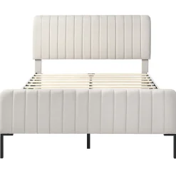Lit 140x200 cm tapissé lin gris-beige avec sommier à lattes et tête de lit réglable><noscript><img width=
