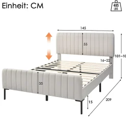 Lit 140x200 cm tapissé lin gris-beige avec sommier à lattes et tête de lit réglable><noscript><img width=