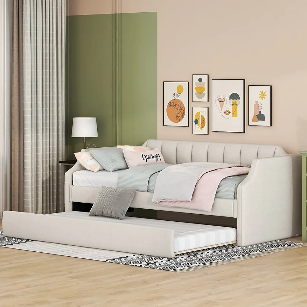 Lit 90x200 cm tapissé lin-coton beige avec sommier gigogne à roulettes, design moderne et élégant>Redom New