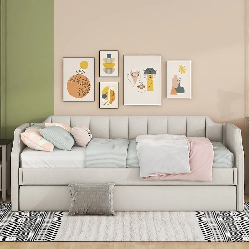Lit 90x200 cm tapissé lin-coton beige avec sommier gigogne à roulettes, design moderne et élégant>Redom New