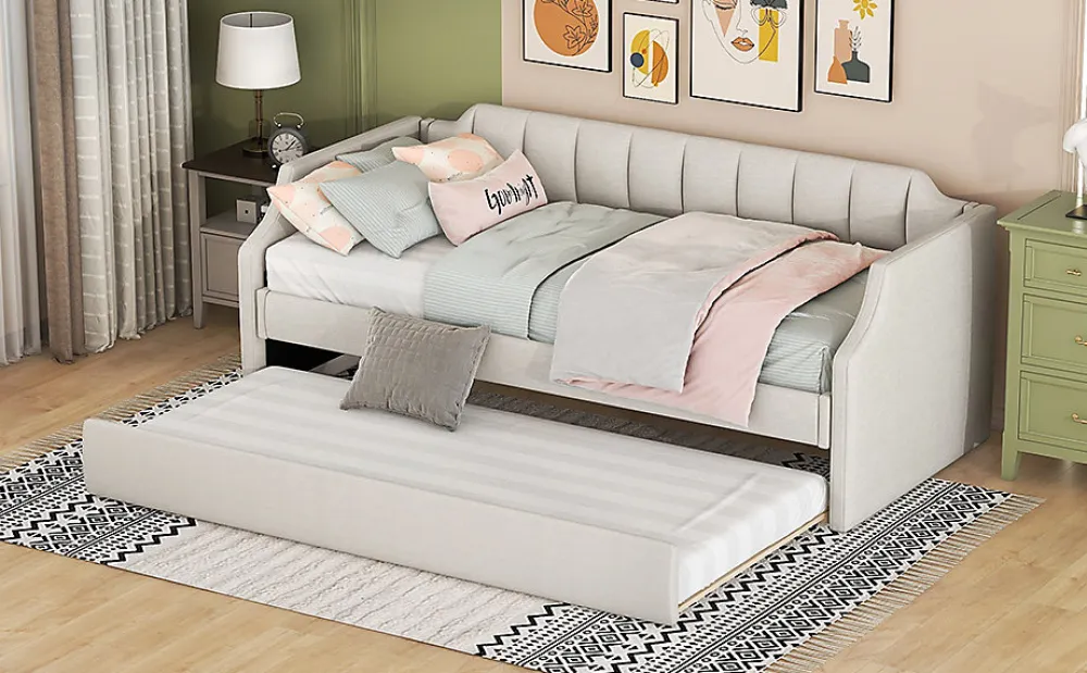 Lit 90x200 cm tapissé lin-coton beige avec sommier gigogne à roulettes, design moderne et élégant>Redom New