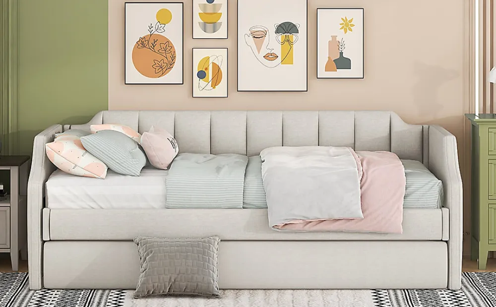 Lit 90x200 cm tapissé lin-coton beige avec sommier gigogne à roulettes, design moderne et élégant>Redom New