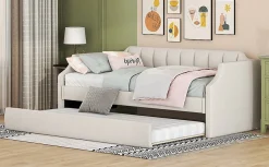 Lit 90x200 cm tapissé lin-coton beige avec sommier gigogne à roulettes, design moderne et élégant><noscript><img width=