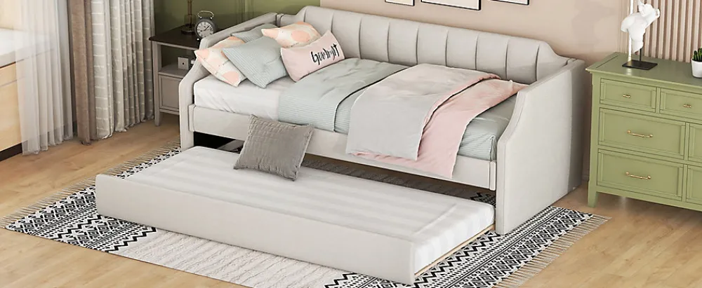 Lit 90x200 cm tapissé lin-coton beige avec sommier gigogne à roulettes, design moderne et élégant>Redom New