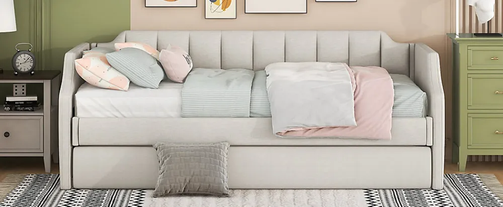 Lit 90x200 cm tapissé lin-coton beige avec sommier gigogne à roulettes, design moderne et élégant>Redom New