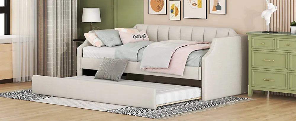 Lit 90x200 cm tapissé lin-coton beige avec sommier gigogne à roulettes, design moderne et élégant>Redom New