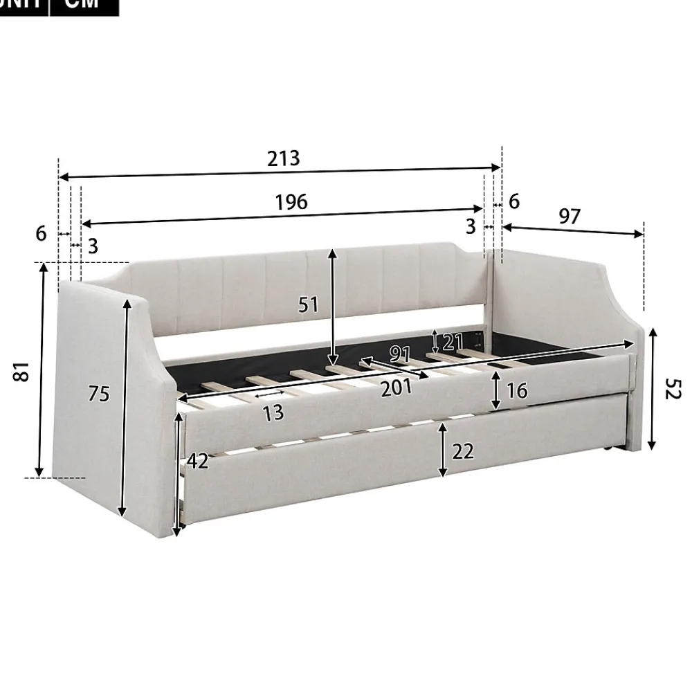 Lit 90x200 cm tapissé lin-coton beige avec sommier gigogne à roulettes, design moderne et élégant>Redom New