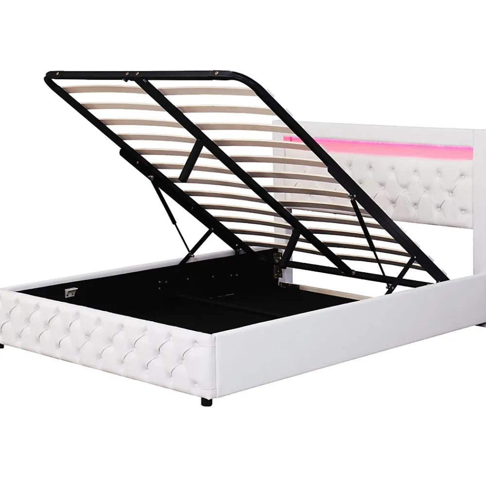 Redom Lit 140x200 cm tapissé PU blanc avec rangement intégré et tête de lit LED, design classique et contemporain* Lit Avec Rangement