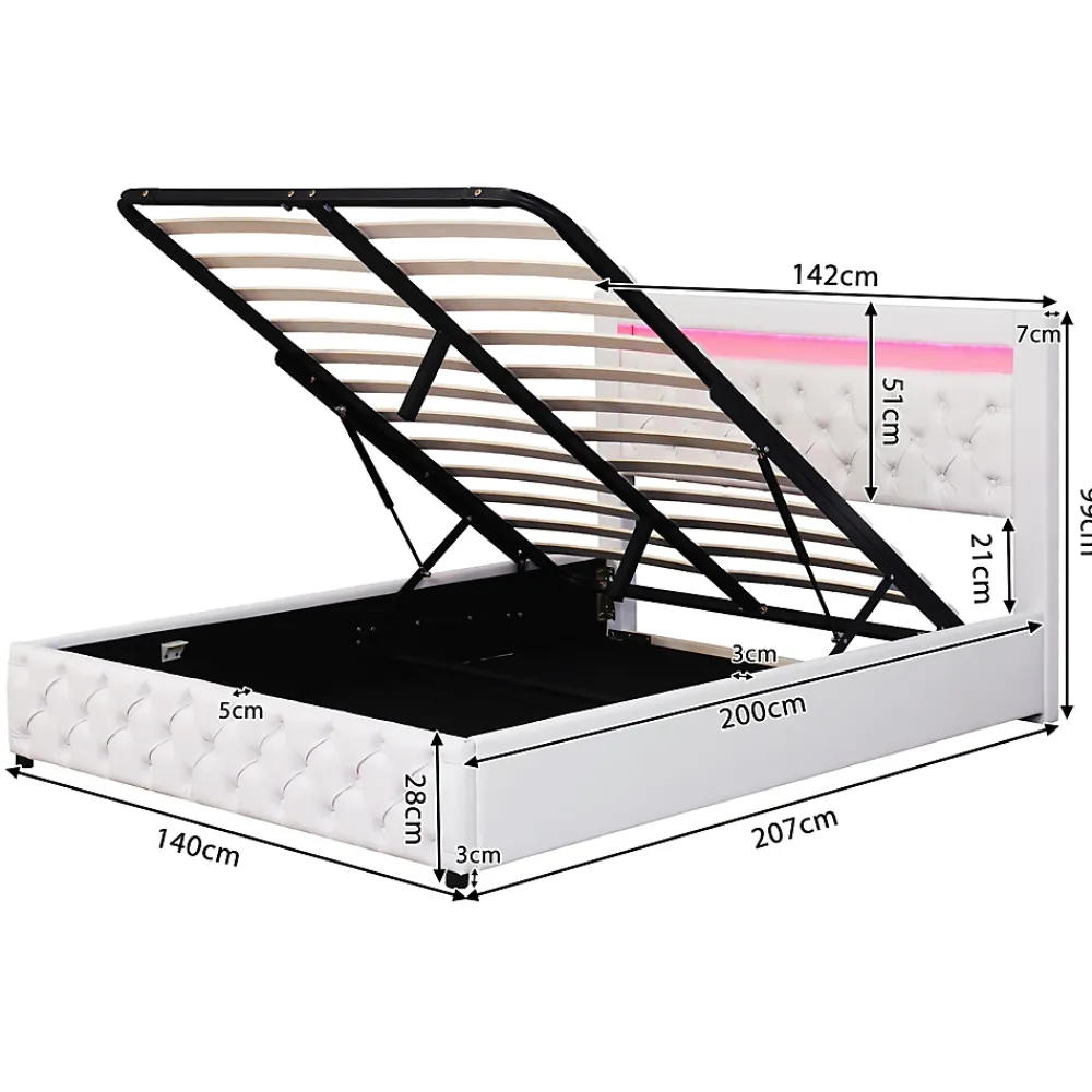 Redom Lit 140x200 cm tapissé PU blanc avec rangement intégré et tête de lit LED, design classique et contemporain* Lit Avec Rangement